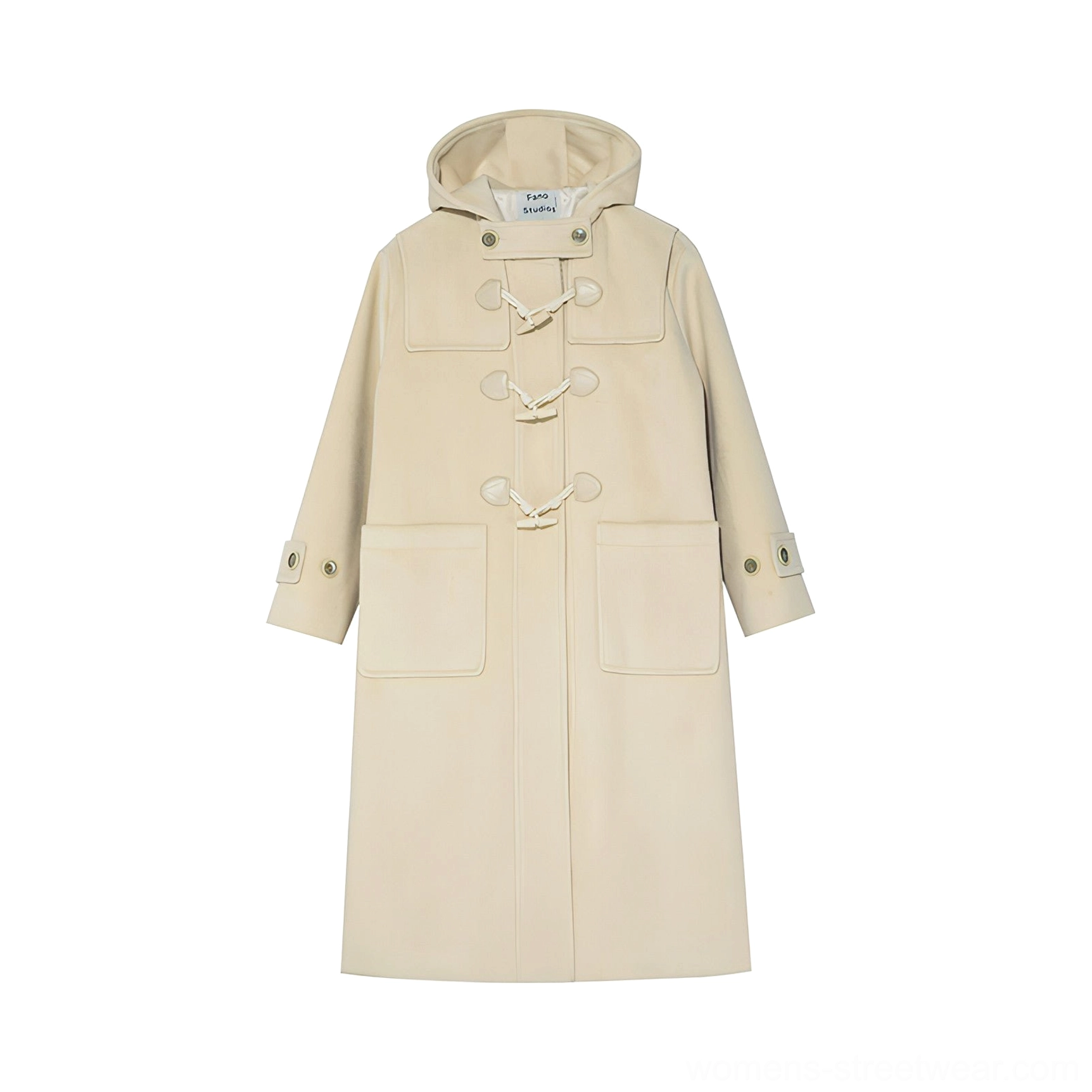 Cream white wool duffle coat flat lay front view toggle fasteners flap patch pockets off-white color