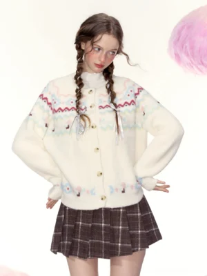 Cream white Fair Isle knit cardigan styled with colorful retro pattern in a full front streetwear outfit