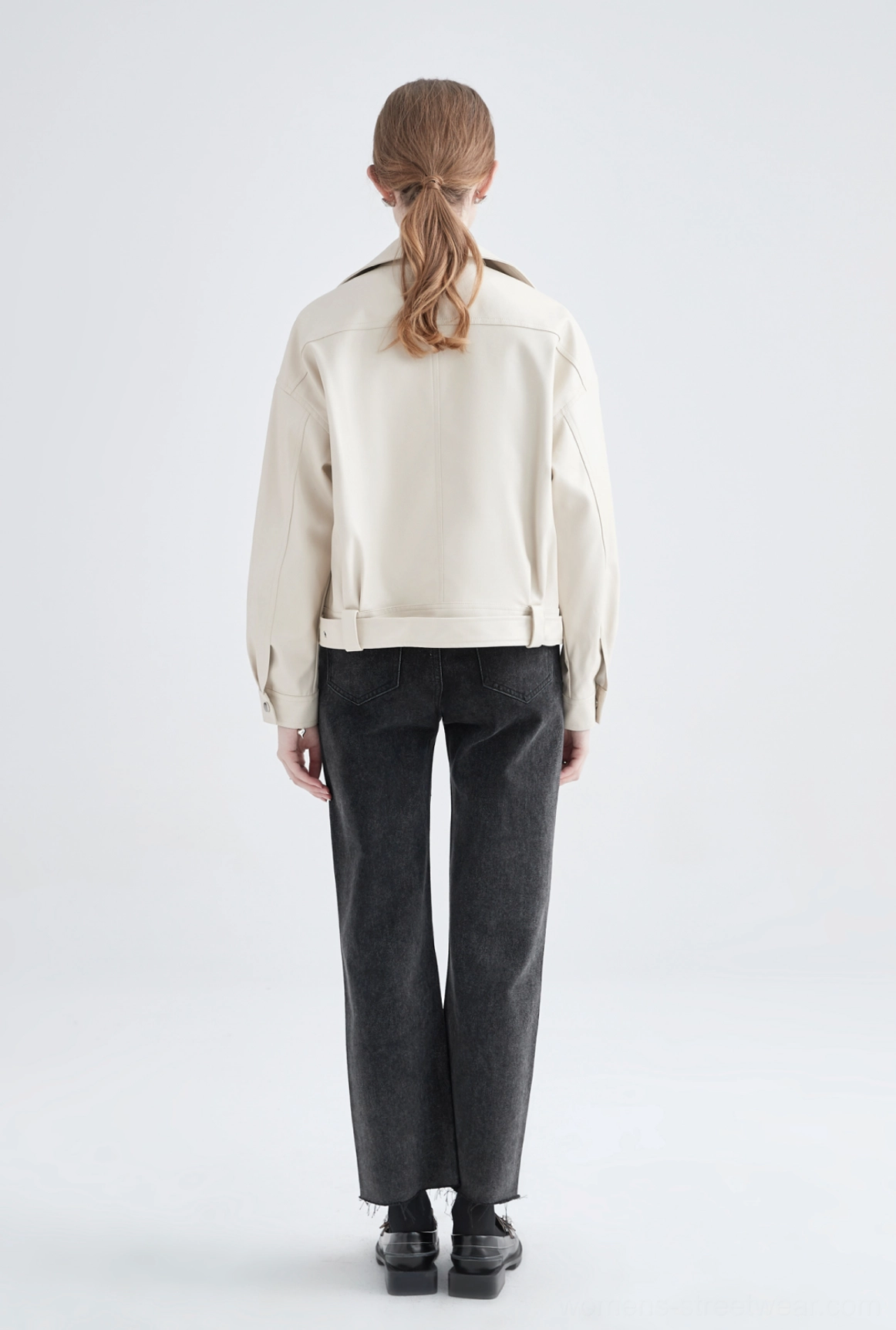 Cream faux leather oversized cropped moto jacket streetwear product detail view