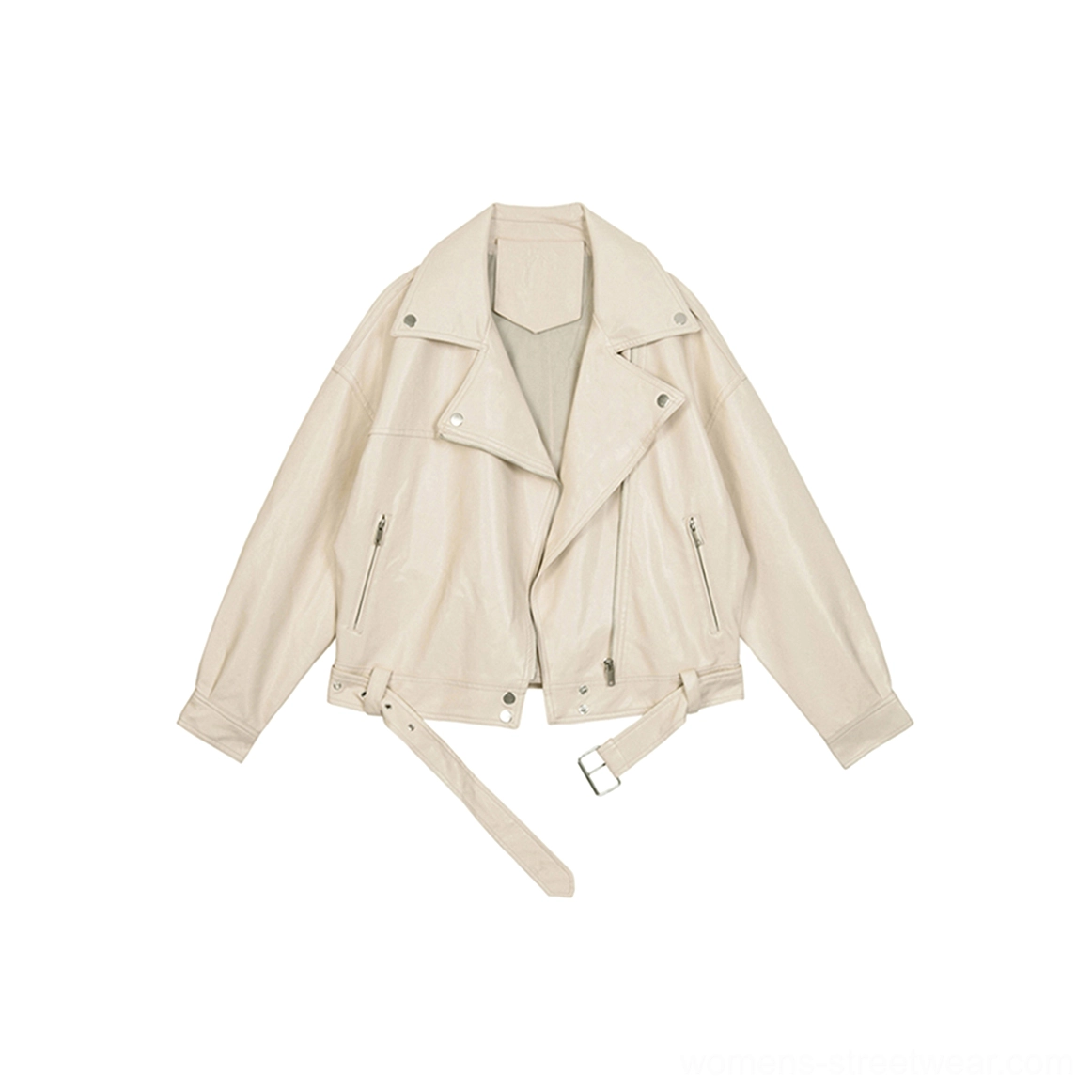 Cream faux leather oversized cropped moto jacket contemporary streetwear styling view