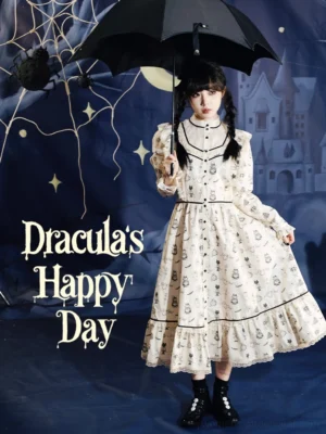 Full-length showcase of cream spooky ghost print Gothic Lolita dress with Victorian stand collar, black trims, and flared midi skirt