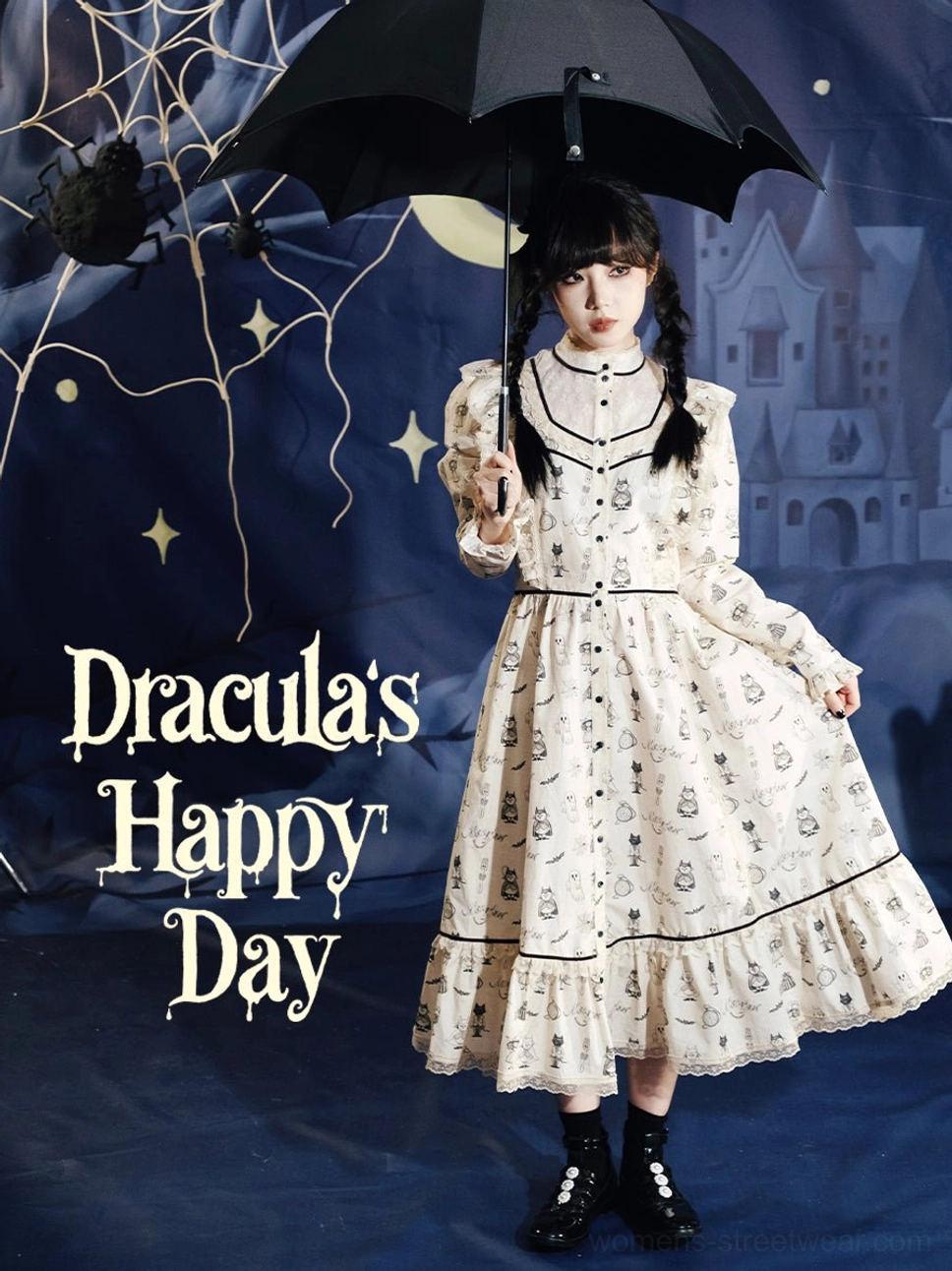 Full-length showcase of cream spooky ghost print Gothic Lolita dress with Victorian stand collar, black trims, and flared midi skirt