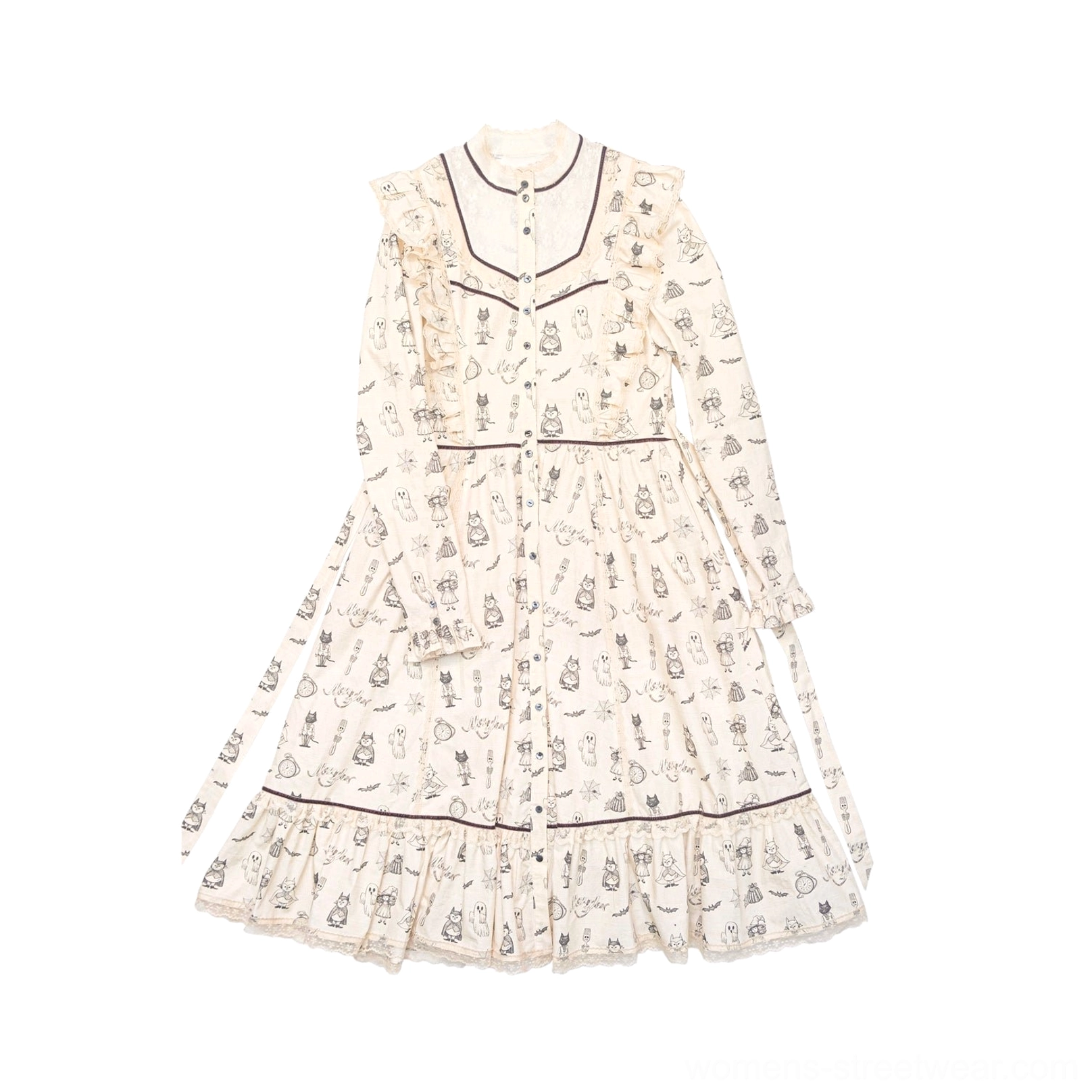 Flat lay of cream ghost print Victorian Gothic Lolita cotton midi dress with stand collar, button front, black lace trims, and ruffled skirt