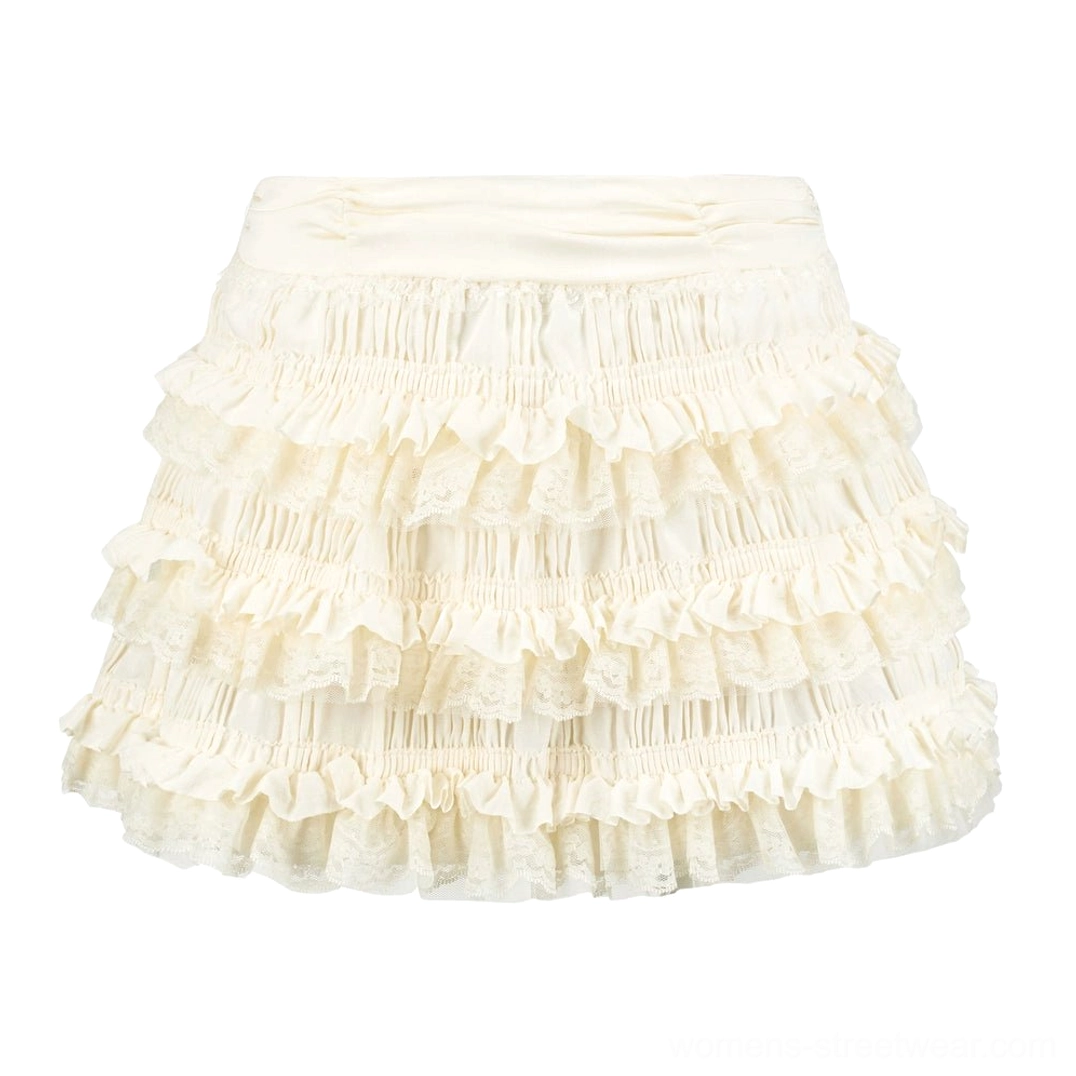 Front view of a cream high waisted tiered ruffle lace mini skirt with gathered layers on a white studio background