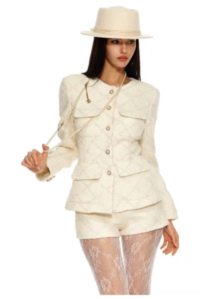Cream ivory tweed blazer and matching mini shorts suit with pearl buttons and tailored waist in an elegant Seoul streetwear outfit