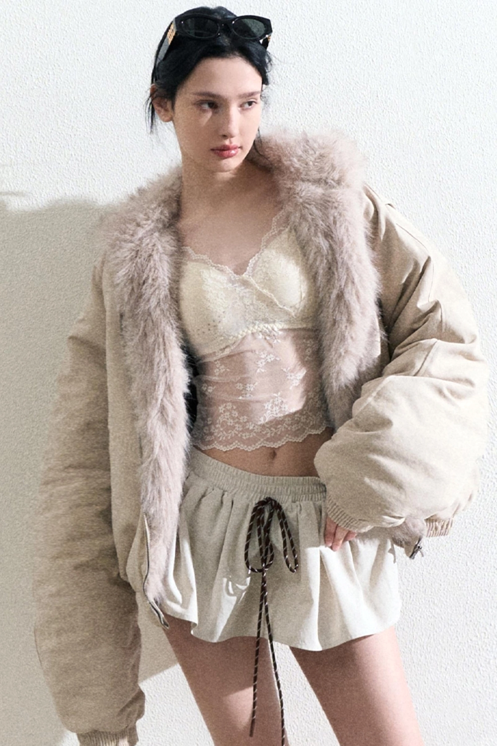 Cream lace sheer camisole top with floral mesh panel and slim straps for Korean Y2K streetwear styling