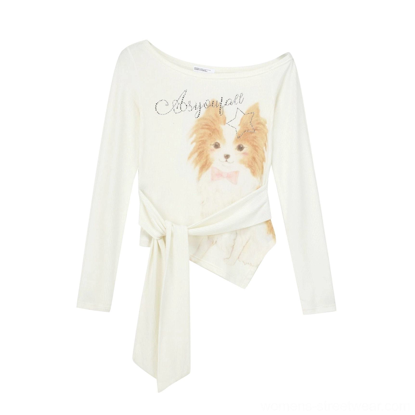 Flat lay view of cream off-shoulder Papillon dog print top with cursive lettering asymmetrical hem and waist sash
