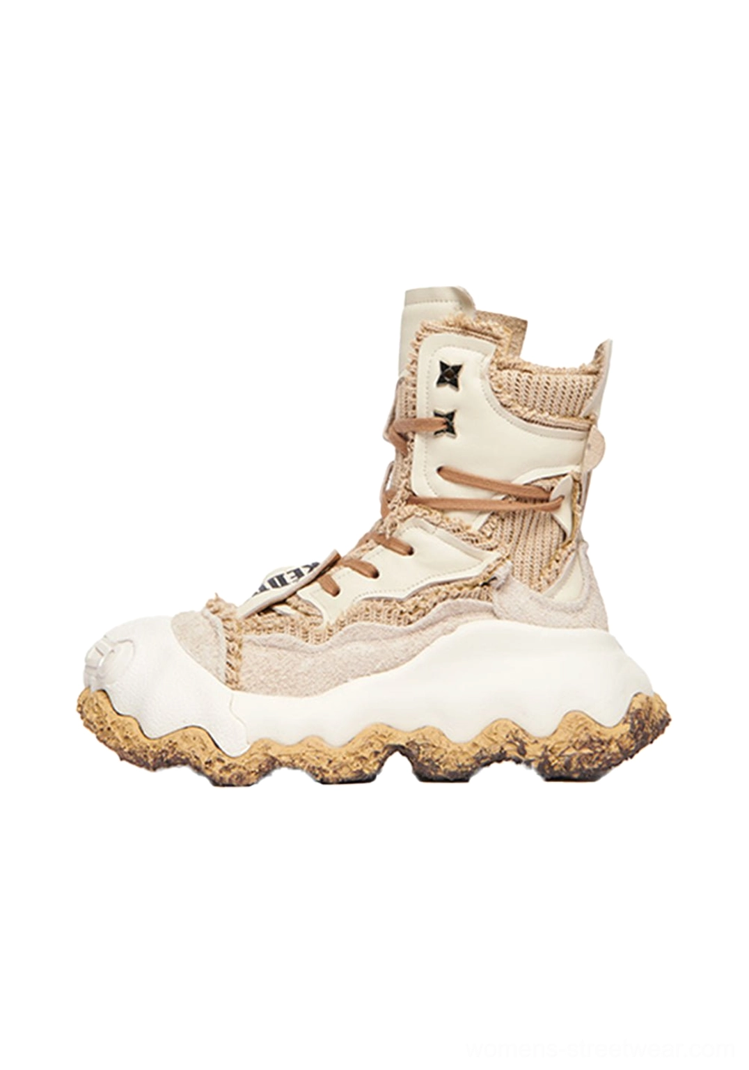 Cream and tan abstract splash platform combat boots with fuzzy textured upper, thick cream sole, and tan outsole edge