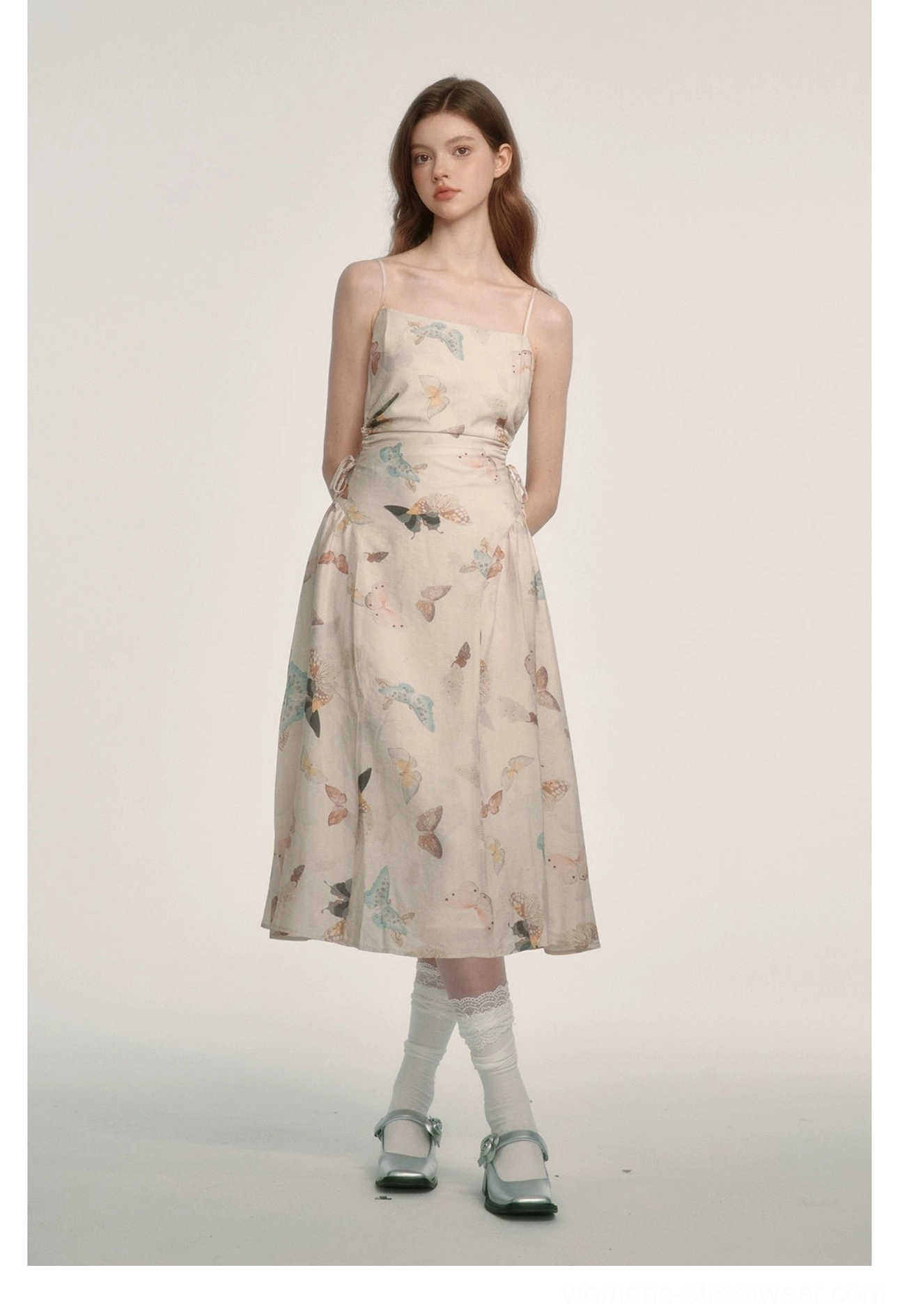 Cream watercolor butterfly print dress with feminine Korean streetwear and soft Y2K styling