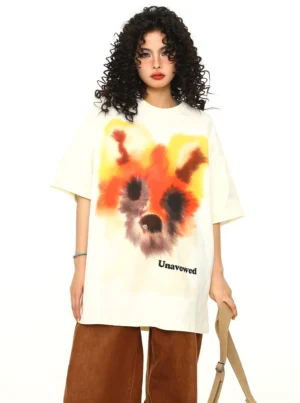 Cream watercolor fox oversized graphic cotton streetwear tee shown in a front full-body model view