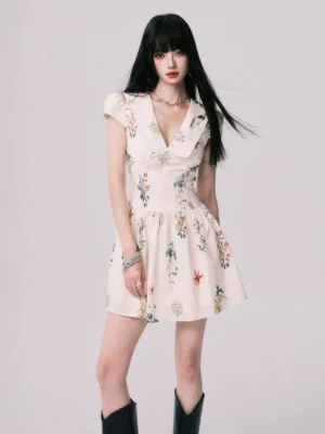 Cream watercolor wildflower mini dress front close-up showing ruched bust, fitted bodice, layered Peter Pan collar, cap sleeves, and softly flared skirt