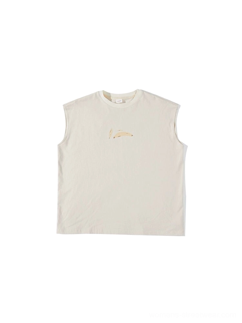 Cream White 100 percent cotton sleeveless graphic tee flat lay showing crew neck, wide armholes, and subtle chest print