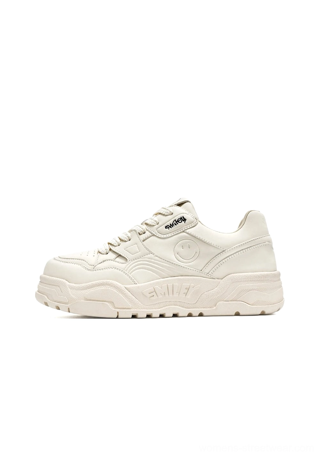 Solid cream white platform skate sneakers shown in right side profile with a playful side decoration and thick branded midsole