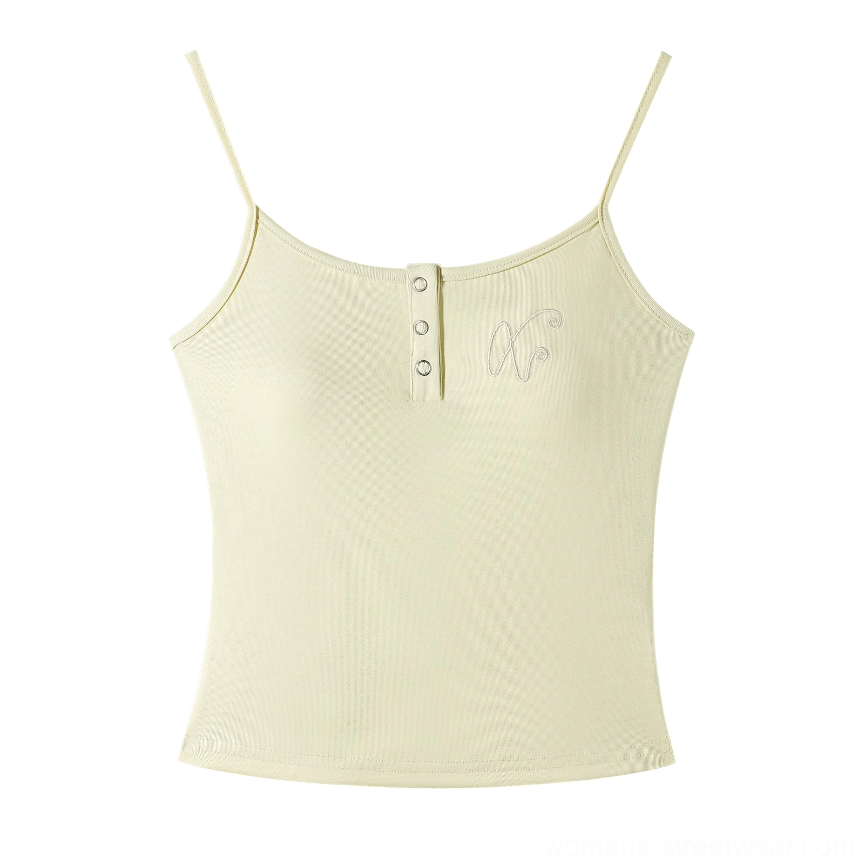 Flat lay view of cream yellow fitted ribbed camisole with spaghetti straps, subtle XO embroidery, and Henley button detail