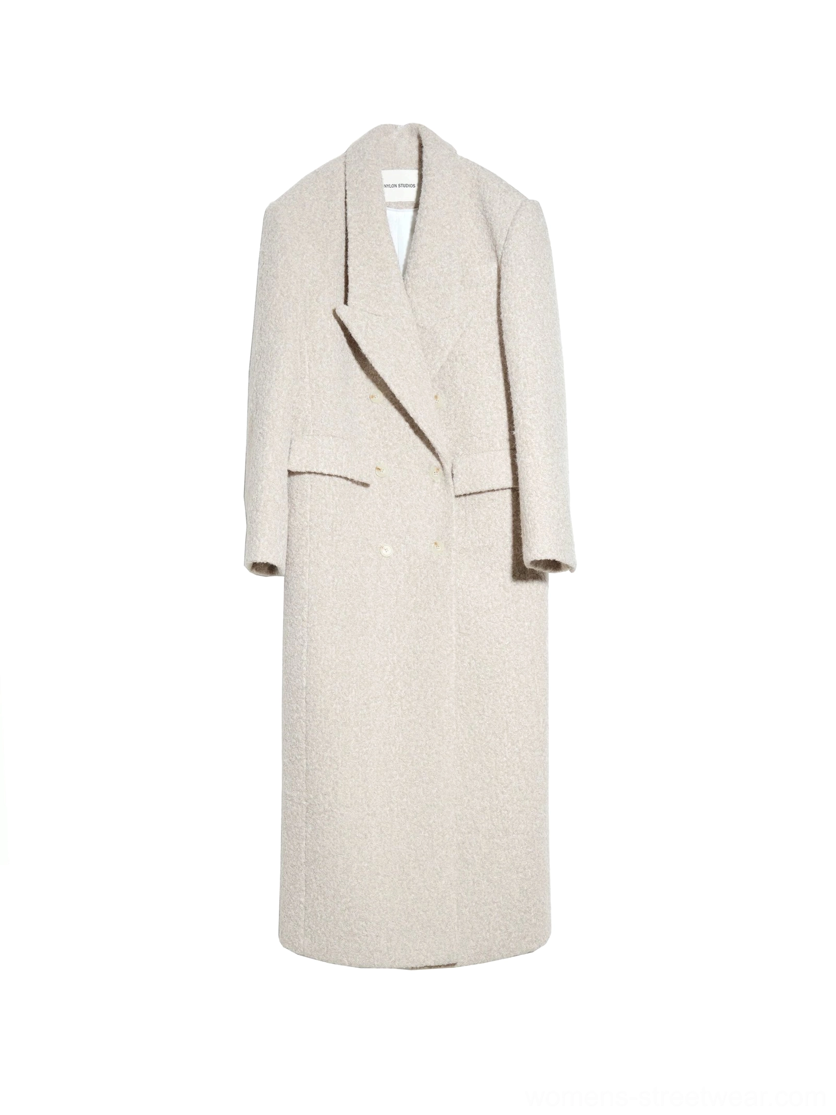 Creamy beige floor-length wool coat with relaxed oversized proportions for Korean-inspired minimalist winter fashion