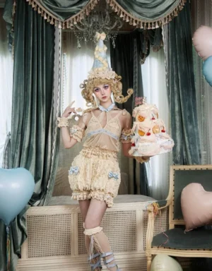Full body sweet lolita outfit featuring creamy pumpkin ruffle bubble shorts, blue bow accents, lace details, and thigh-high socks