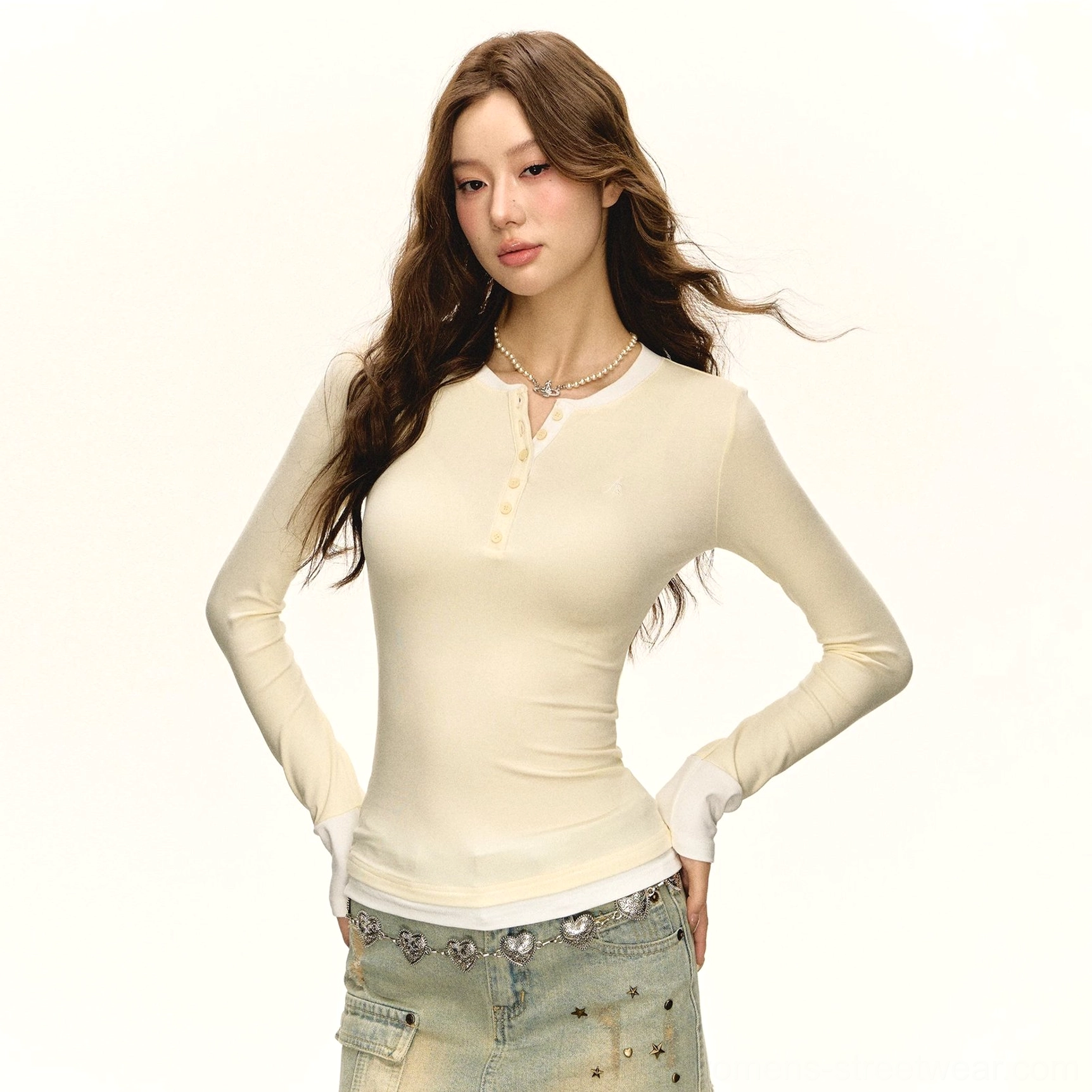 Creamy yellow contrast trim Henley slim long sleeve top with white neckline cuffs and hem