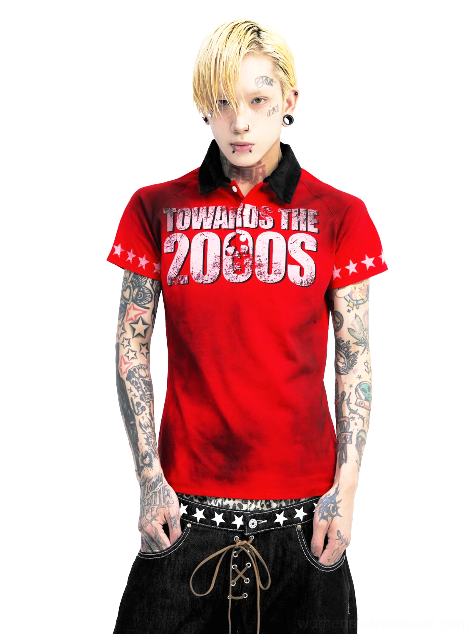 Crimson faded Y2K graphic polo front full-body studio outfit with low-rise lace-up jeans