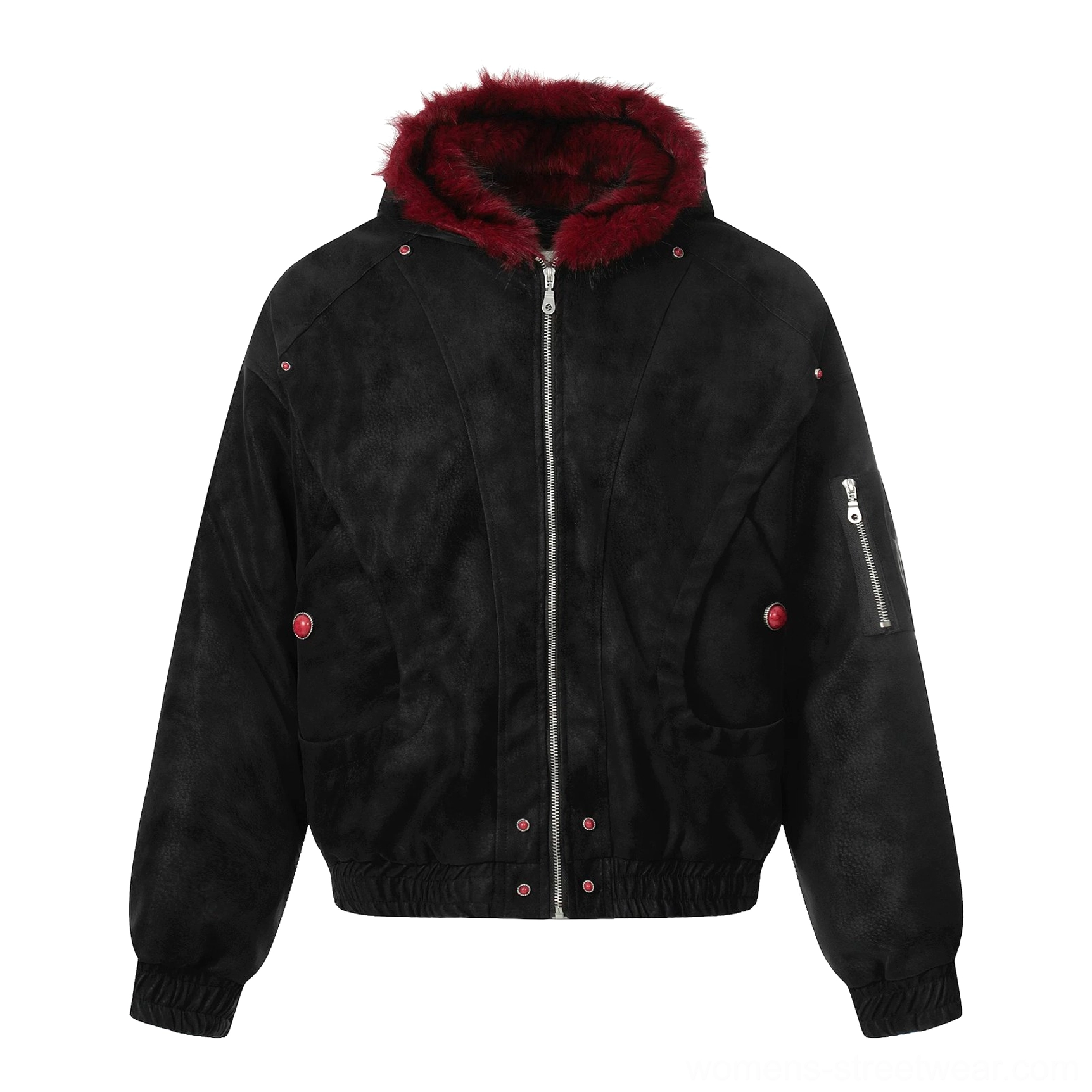 Studio product view of black gothic oversized bomber jacket with crimson faux fur hood trim sleeve zipper and silver snap hardware