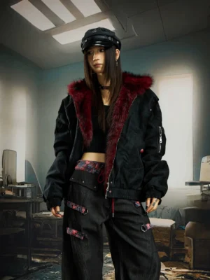 Female model wearing black oversized gothic bomber jacket with crimson faux fur hood trim and cargo pants in a retro office setting