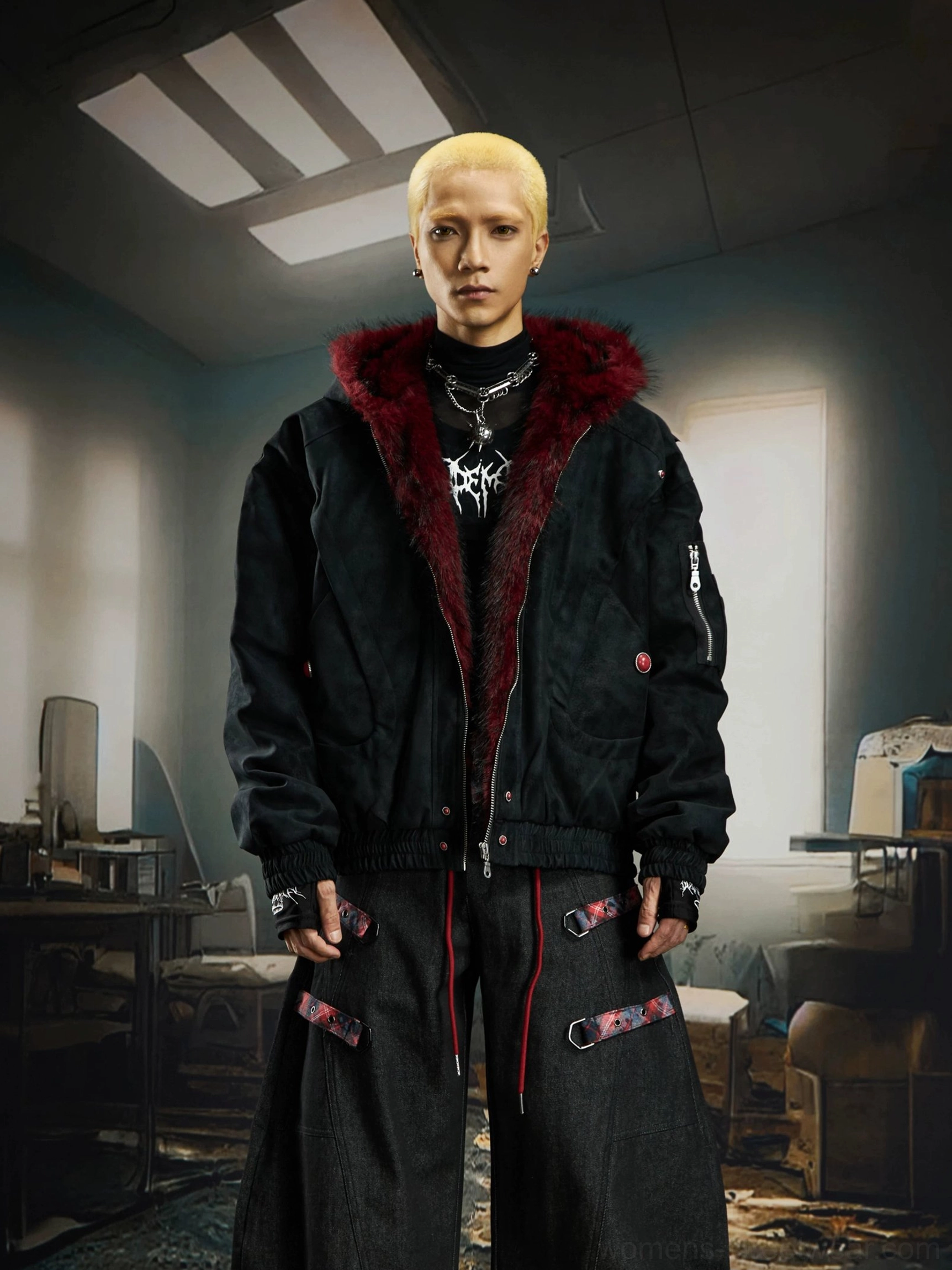 Black gothic bomber jacket front view on male model featuring silver zipper closure snap details and burgundy faux fur hood