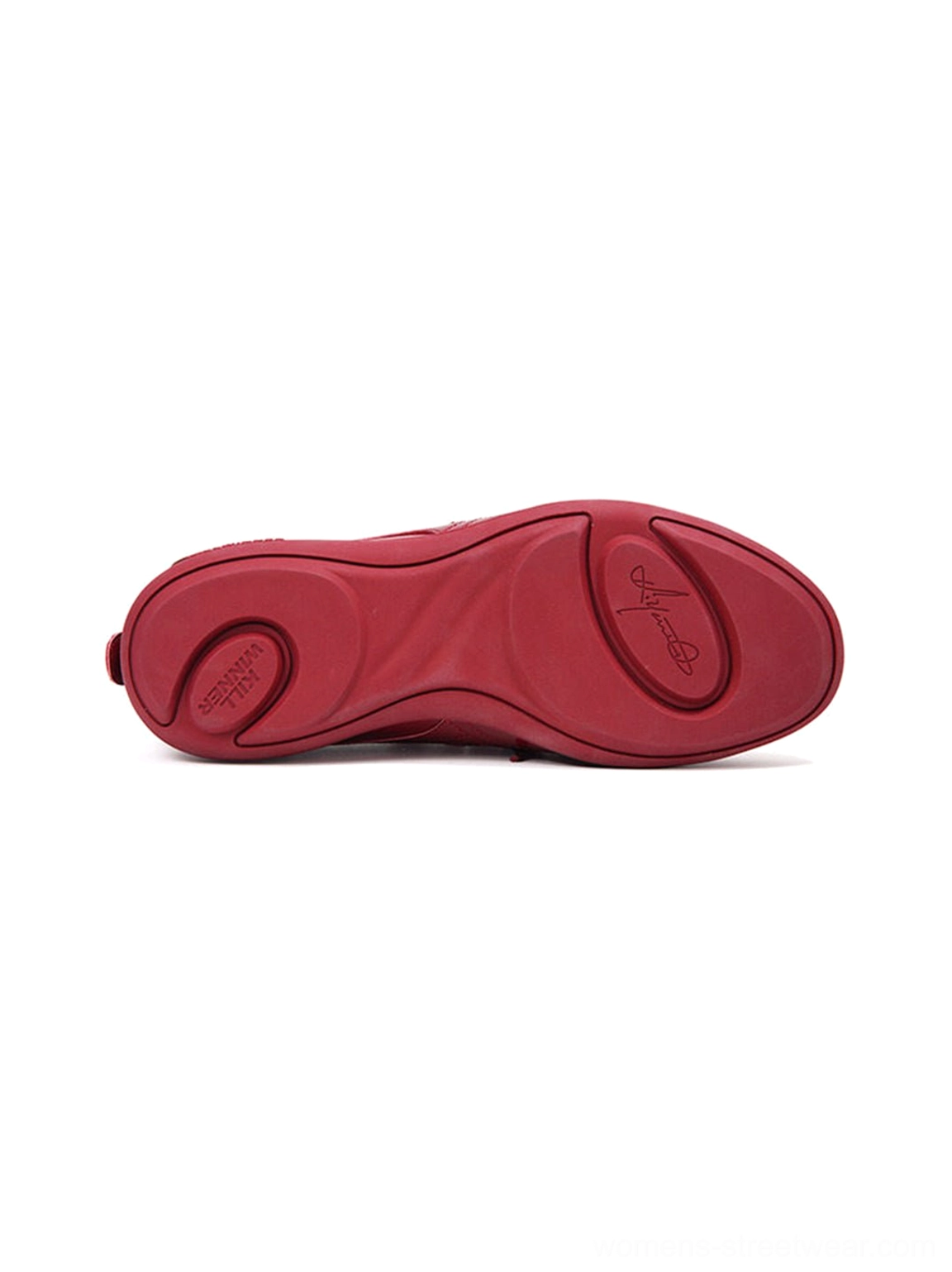Bottom outsole view of crimson red retro runner sneaker showing the curved sculpted athletic sole