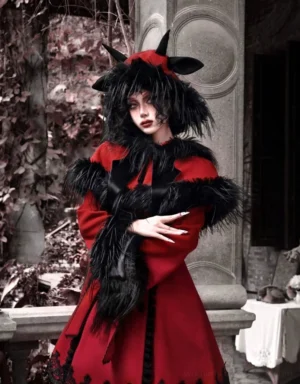 Crimson gothic cape coat dress set with black faux fur scarf trim and dramatic dark romantic styling