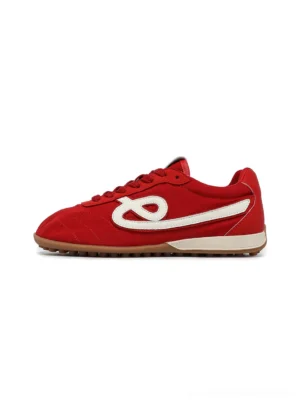 Crimson quilted retro sneakers with white contrast side stripes and gum waffle rubber sole side view
