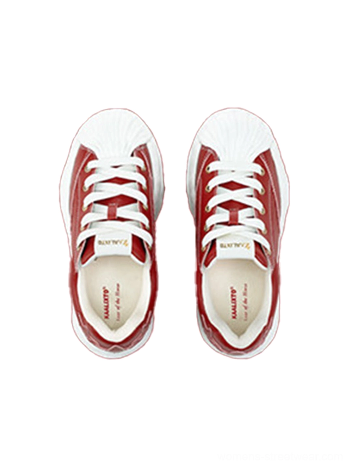 Crimson red shell-toe sneakers featuring layered side panels, white laces, and a thick contrasting outsole