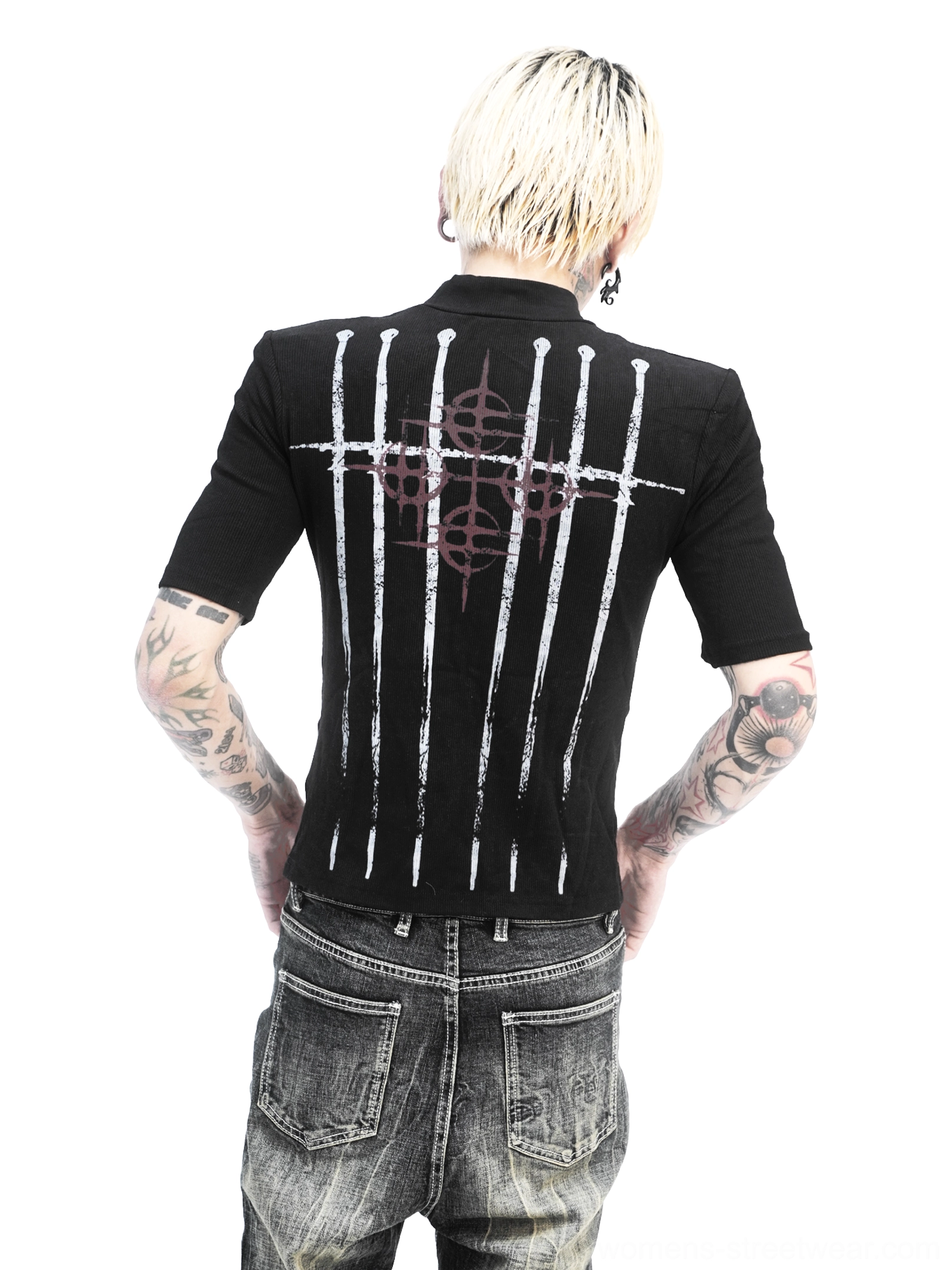 Back view of a black fitted graphic tee with vertical blade prints and crimson abstract sigil artwork styled with vintage washed jeans