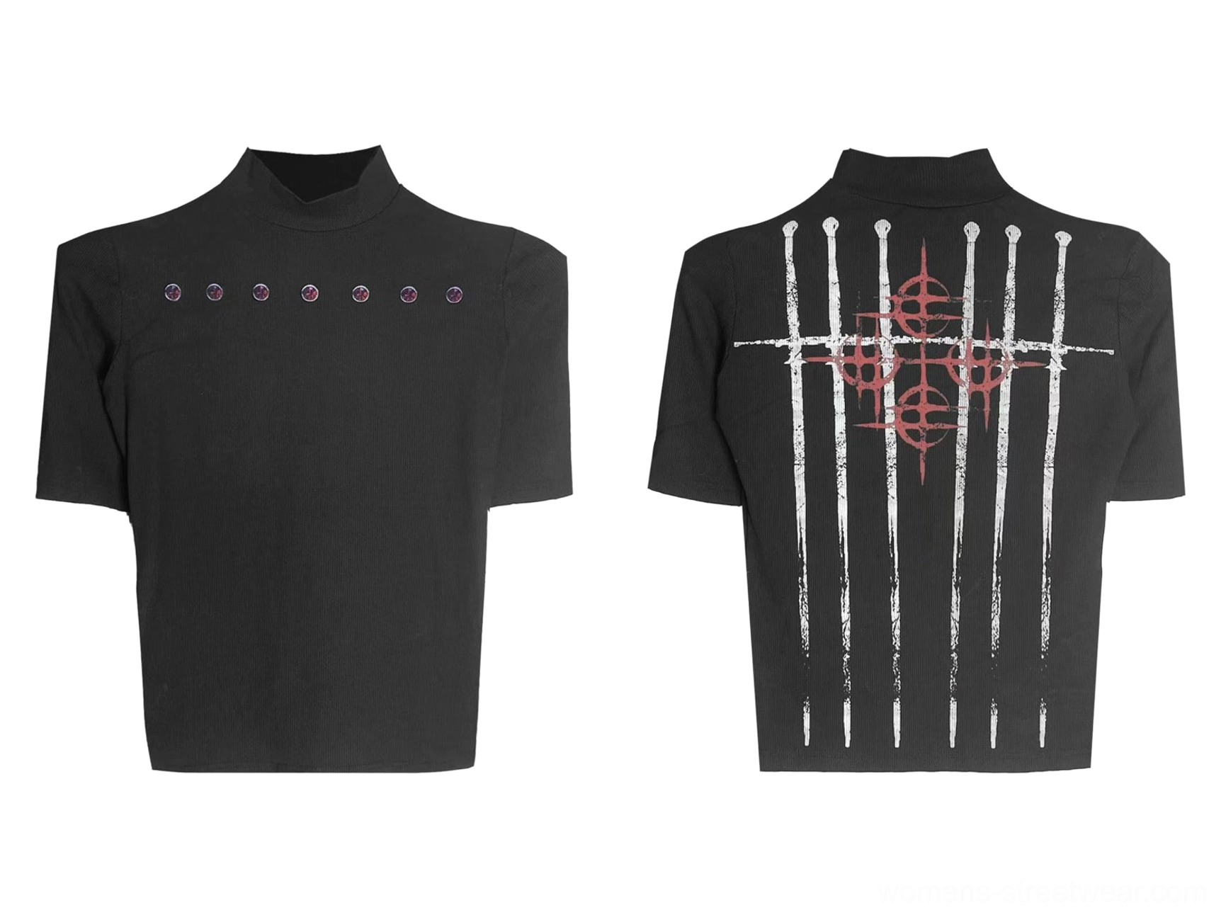 Flat lay front and back view of a black mock neck graphic tee with circular front studs and crimson sigil blade back print