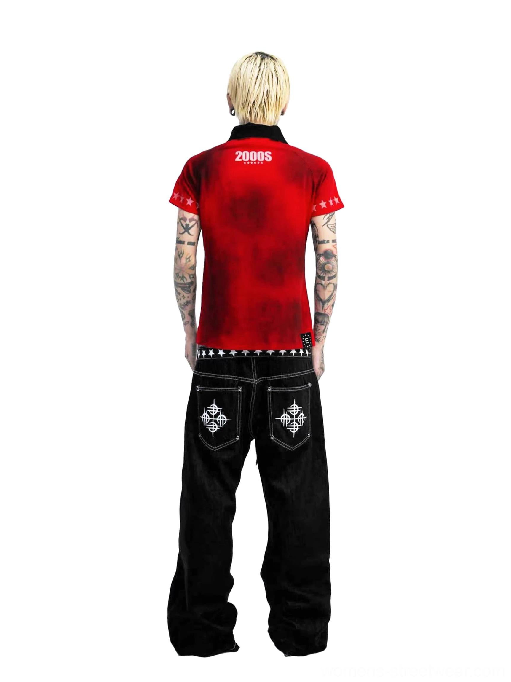 Crimson Y2K graphic polo rear view with faded red wash star sleeves and embroidered jeans