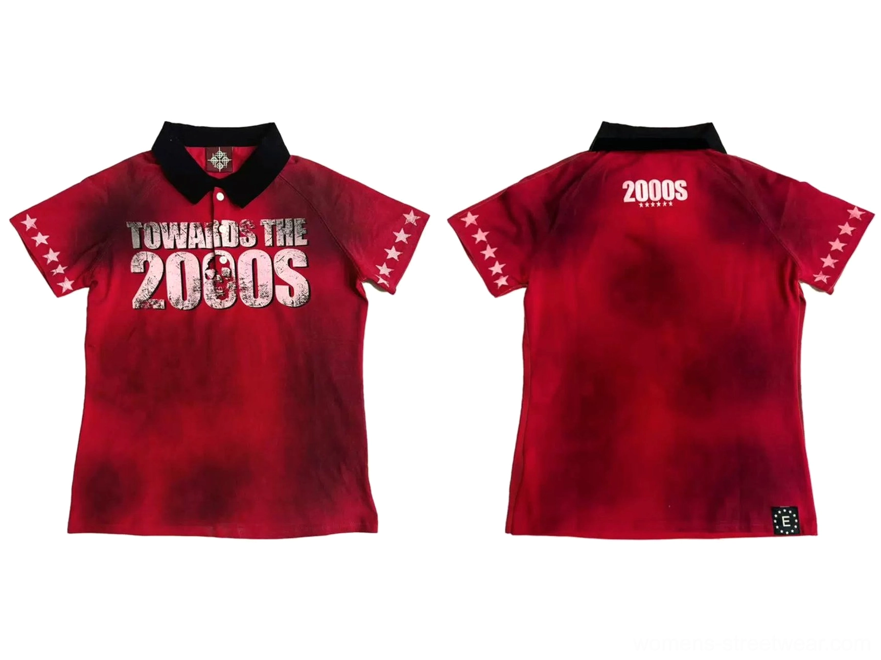Flat lay front view of crimson Y2K starfield polo with black collar 2000s graphic and star sleeves