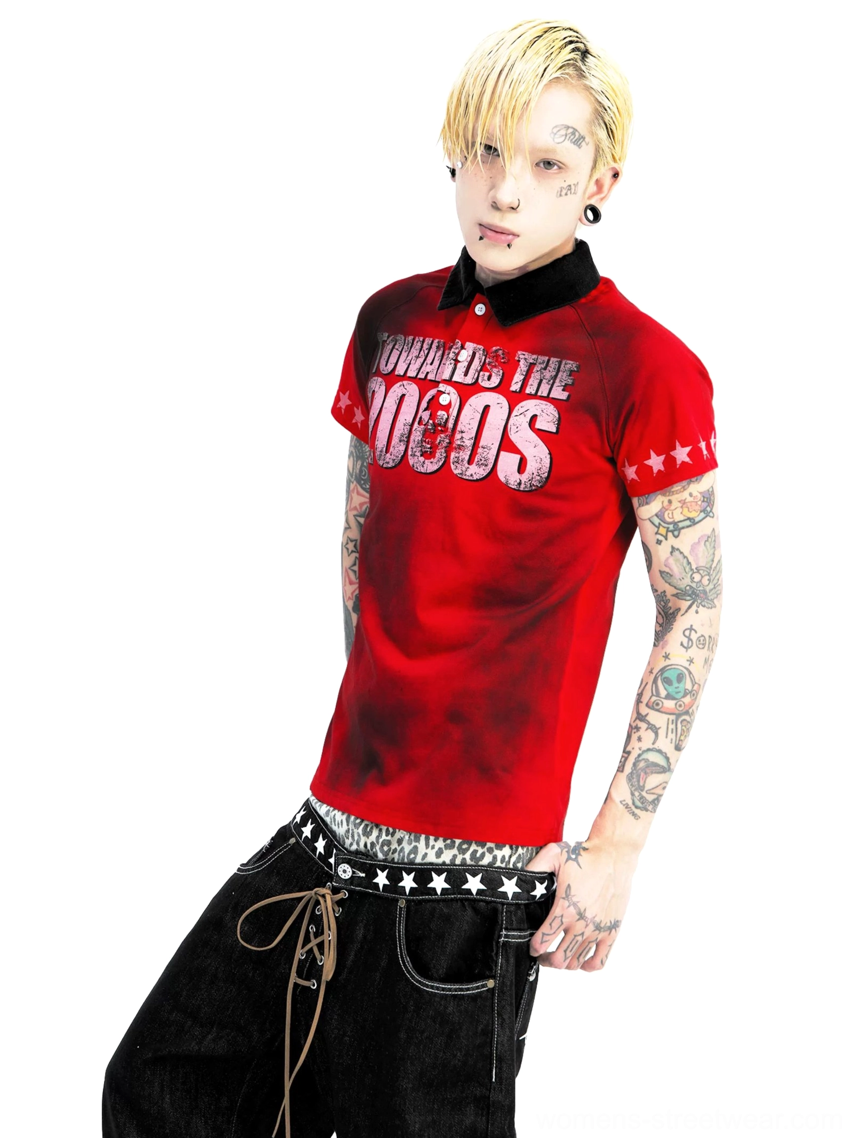 Three-quarter front view of crimson Y2K starfield polo with black collar and distressed text print