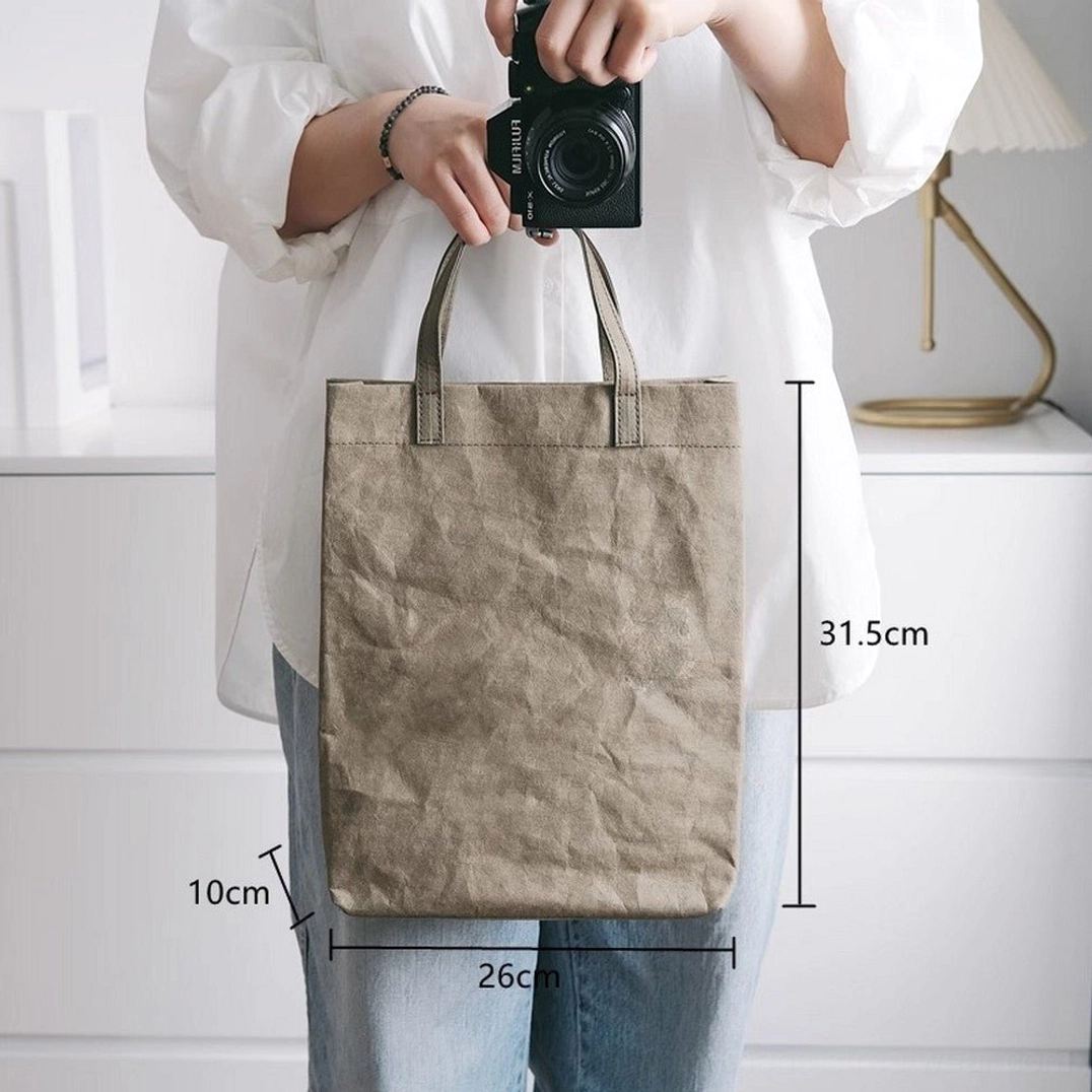 Large muted olive gray crinkled kraft paper effect cotton tote bag with size measurements and soft top handles