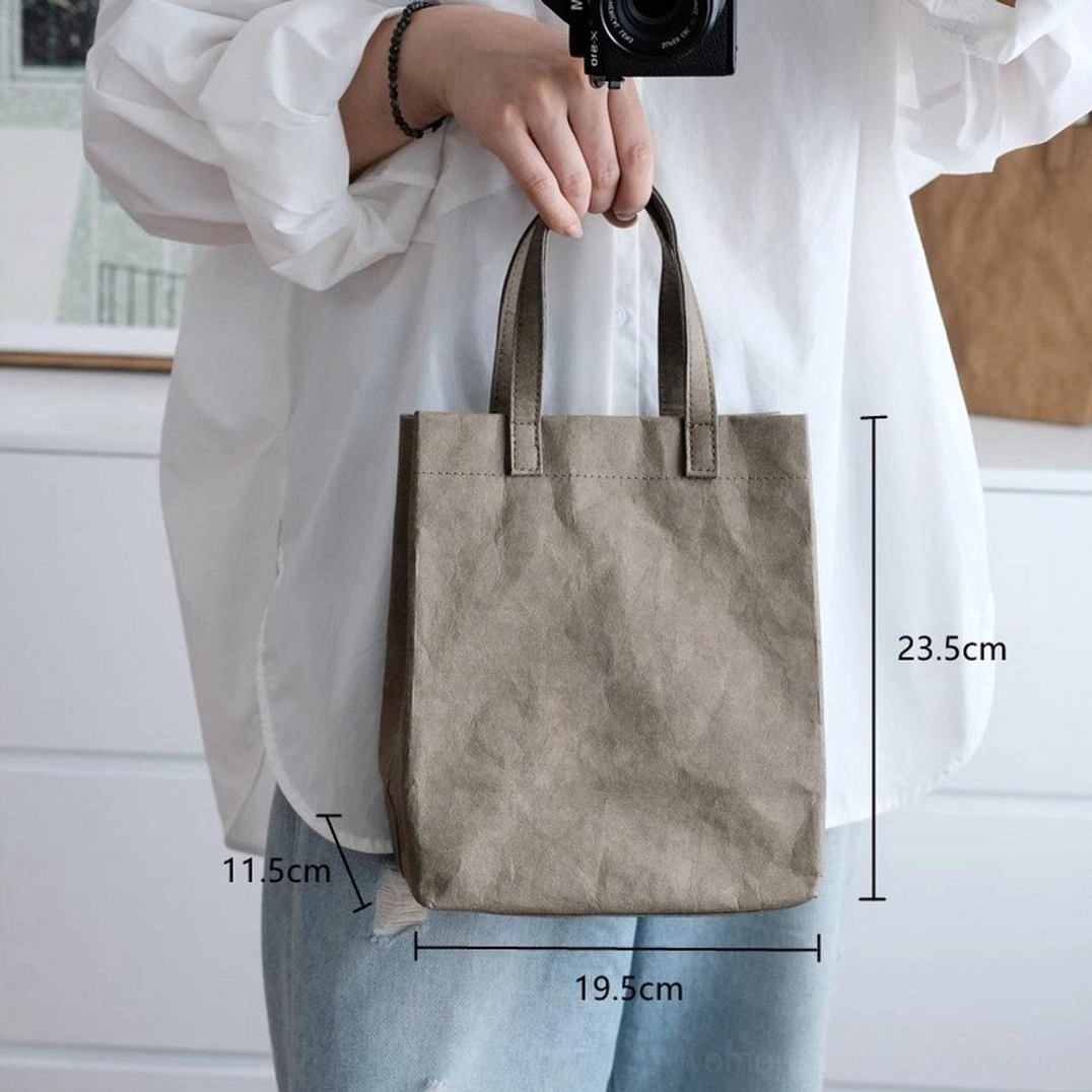 Small dusty gray crinkled kraft paper effect cotton tote bag with detailed height width and base measurements