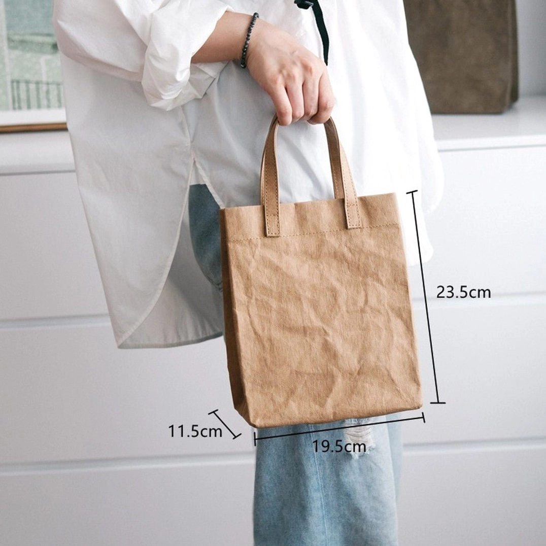 Small brown crinkled kraft paper effect cotton tote bag with dimensions and double soft handles