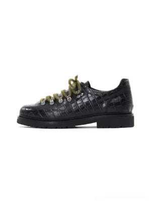 Single black croc-embossed genuine leather derby shoe with olive fuzzy laces, silver metal eyelets, rounded toe, and low lug sole