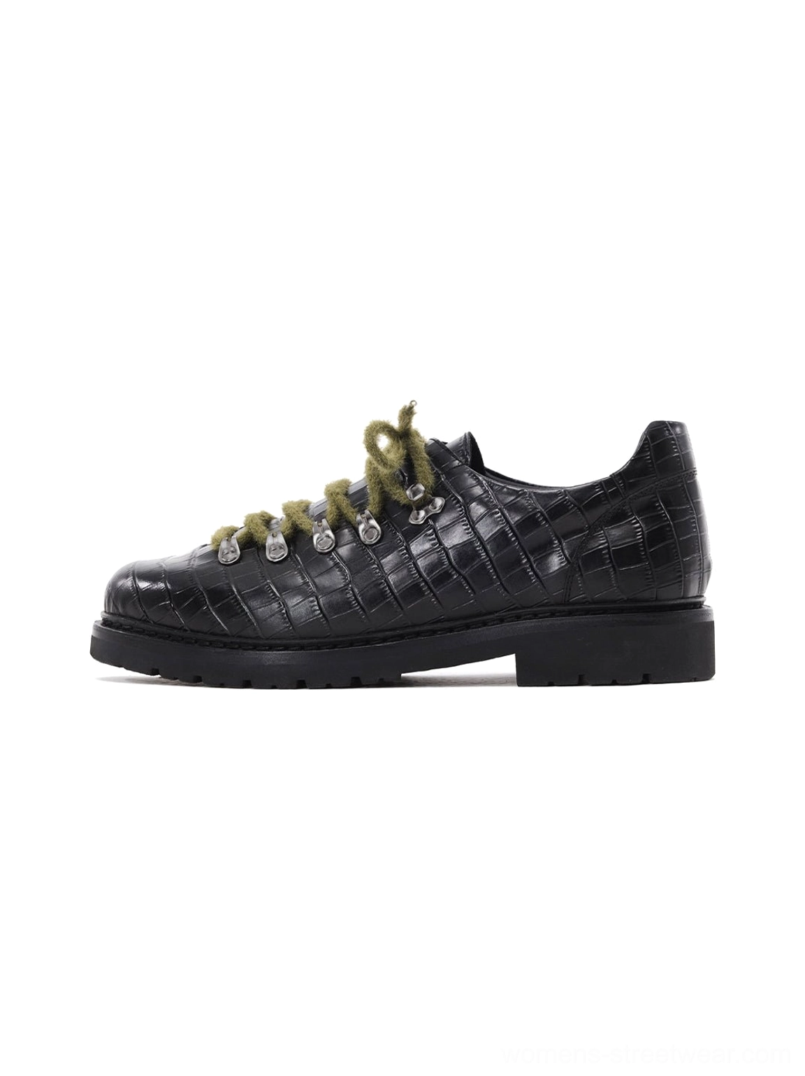 Single black croc-embossed genuine leather derby shoe with olive fuzzy laces, silver metal eyelets, rounded toe, and low lug sole
