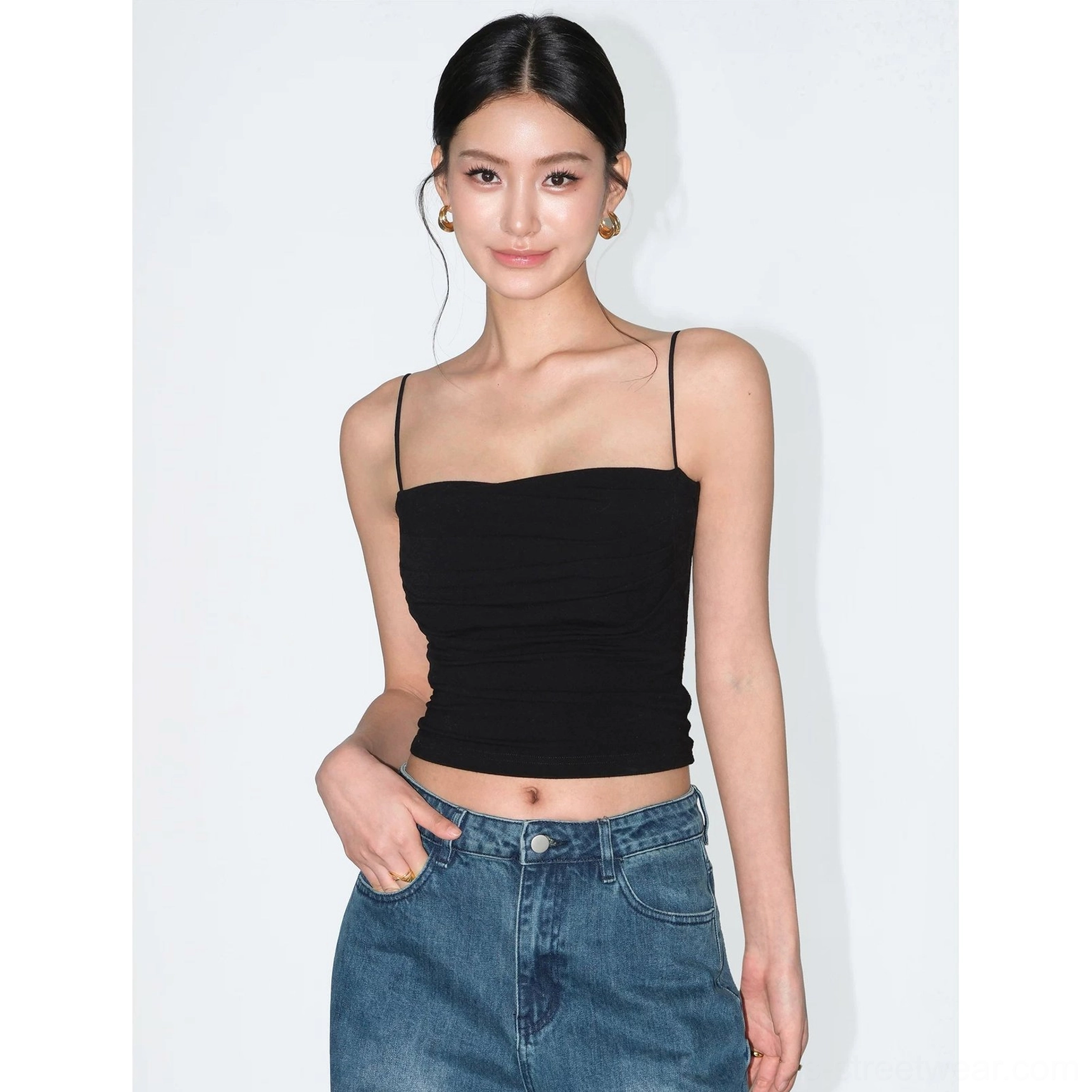 Cropped draped neckline camisole top with thin straps and refined body hugging streetwear fit