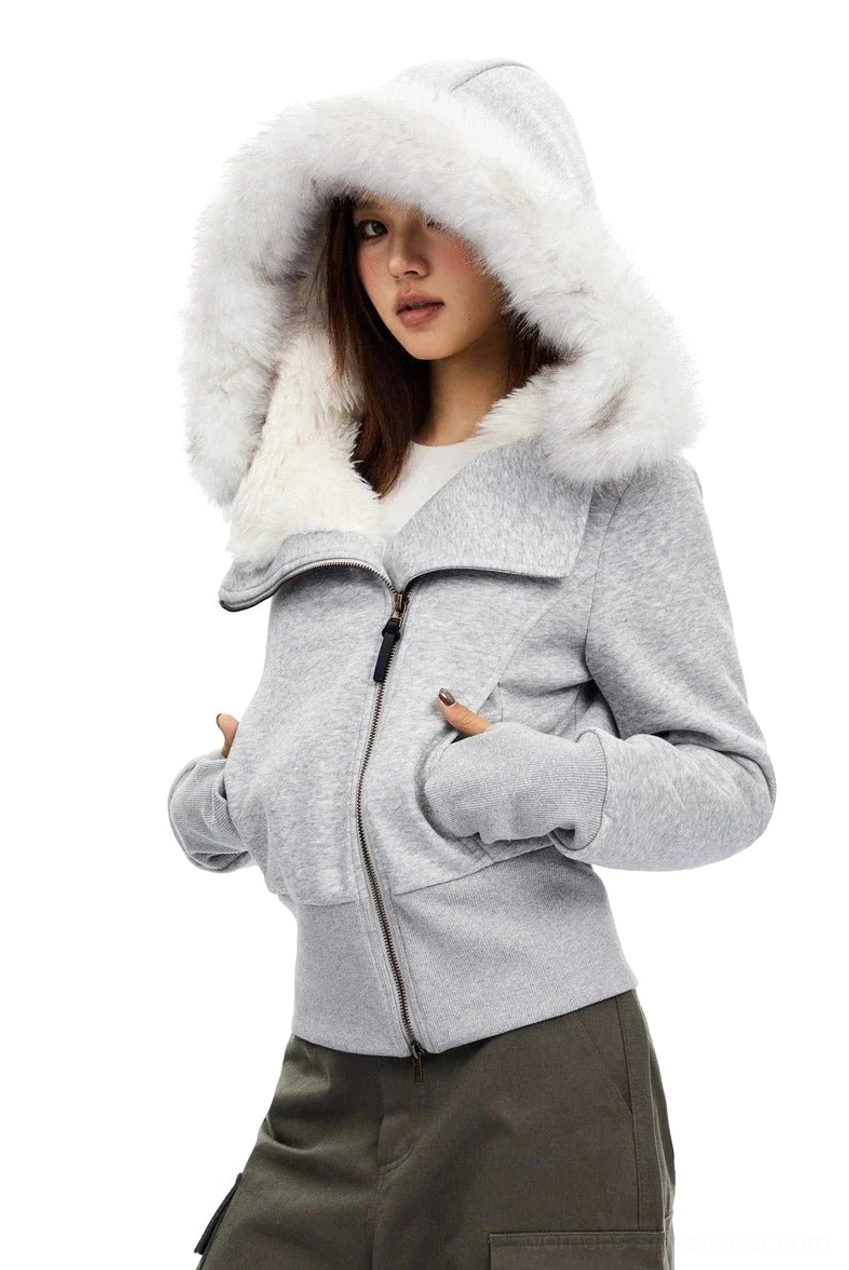 Light Grey cropped faux-fur hood zip-up hoodie with white fur trim, thumbhole cuffs, and slim Korean streetwear fit styled with dark green cargo pants