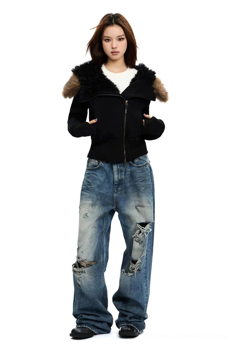 Cropped faux-fur trim hoodie with full zip closure, fitted shape, and versatile Korean fashion inspired styling