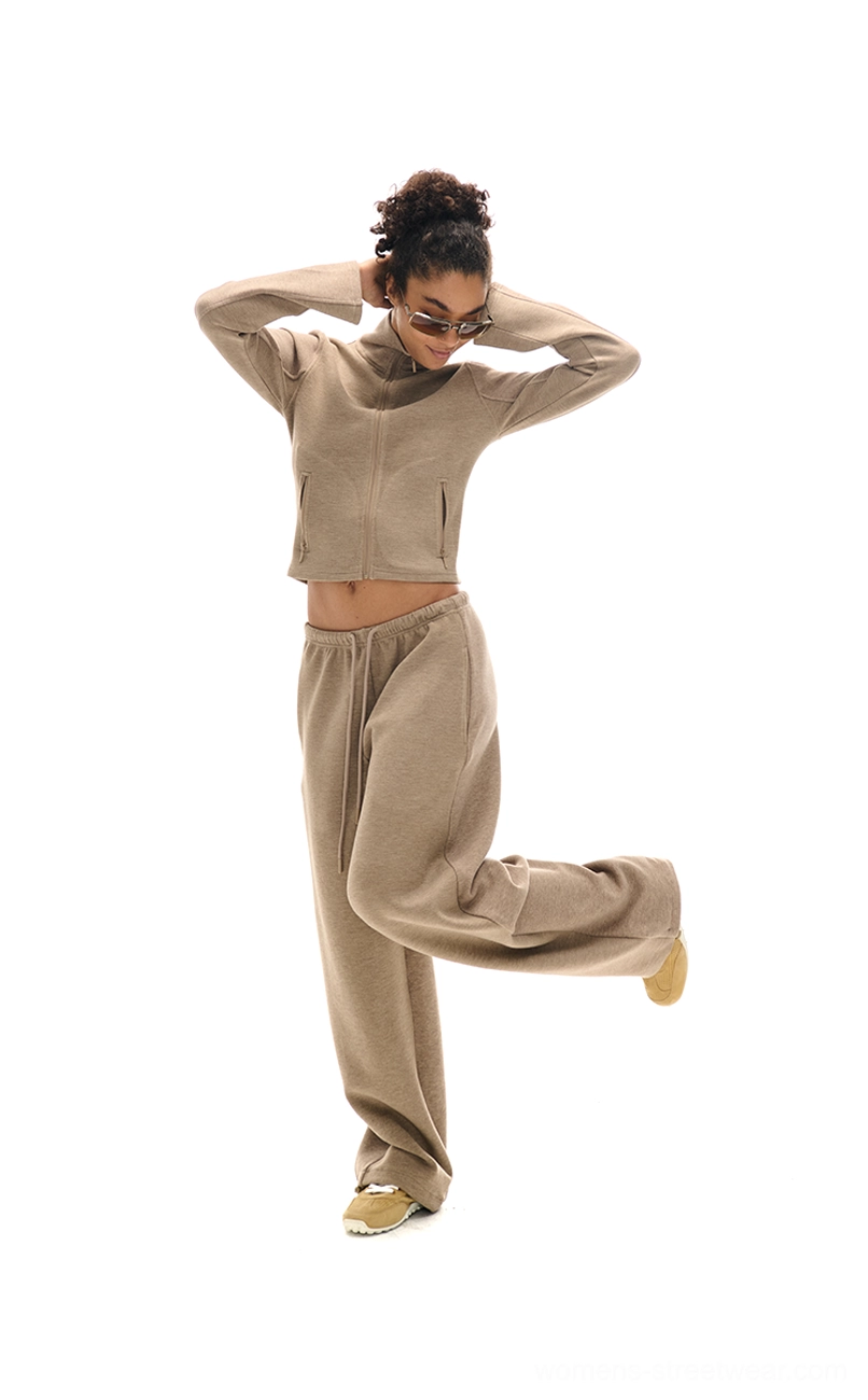 Cropped high collar zip-up sweatshirt and wide-leg sweatpants set product detail for women's Korean streetwear
