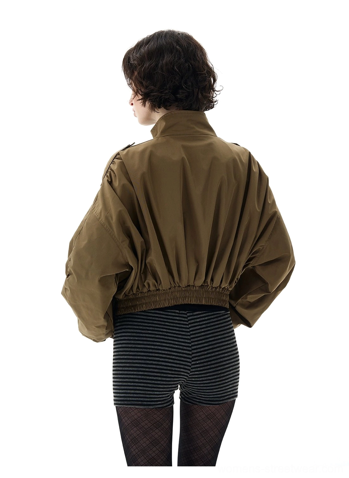 Back view of cropped olive green high collar bomber jacket with elasticated hem and relaxed batwing sleeves