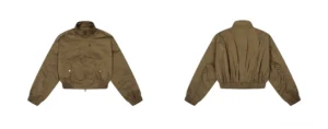 Flat lay front and back view of cropped olive green utility bomber jacket with high collar, elastic hem, and relaxed sleeves
