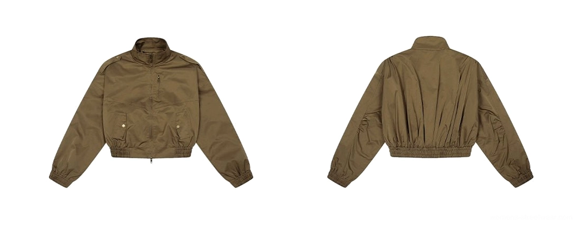 Flat lay front and back view of cropped olive green utility bomber jacket with high collar, elastic hem, and relaxed sleeves
