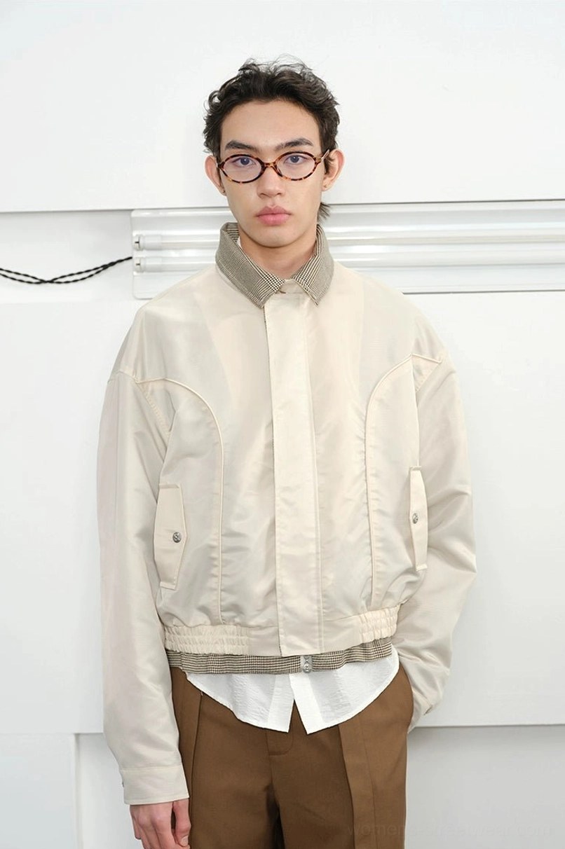 Cropped plaid-lined blouson jacket detail for modern Korean streetwear layering and everyday city outfits