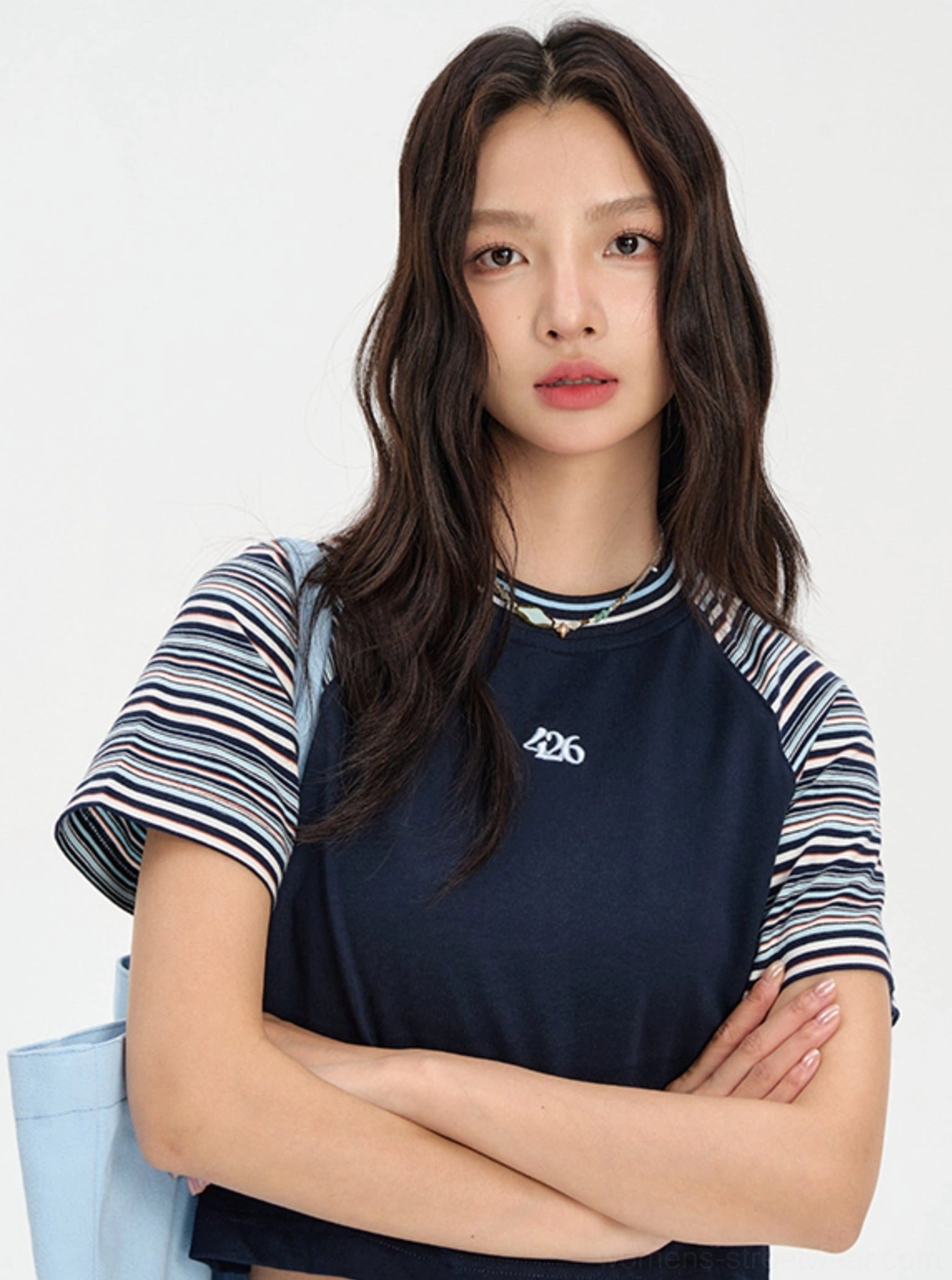 Cropped rainbow stripe raglan baby tee Y2K streetwear product detail view