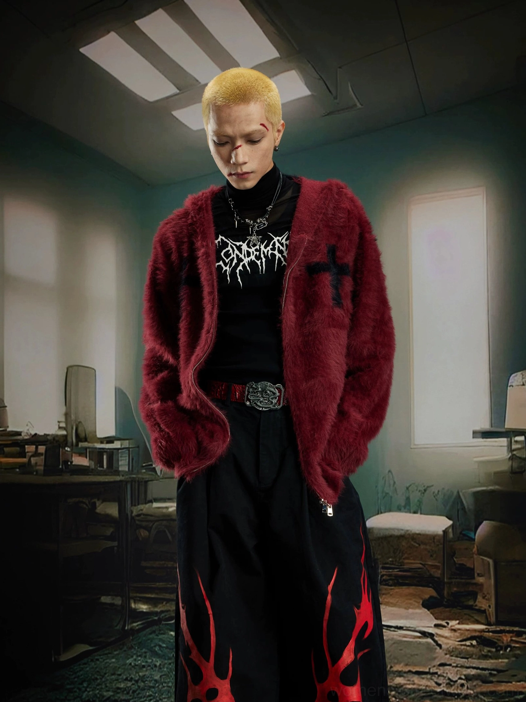 Crucifix cross faux fur zip hoodie in a relaxed gothic Y2K streetwear silhouette