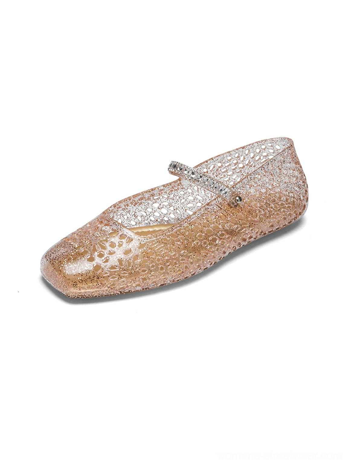 Champagne gold crystal glitter jelly Mary Jane flats with translucent floral cutout upper side view